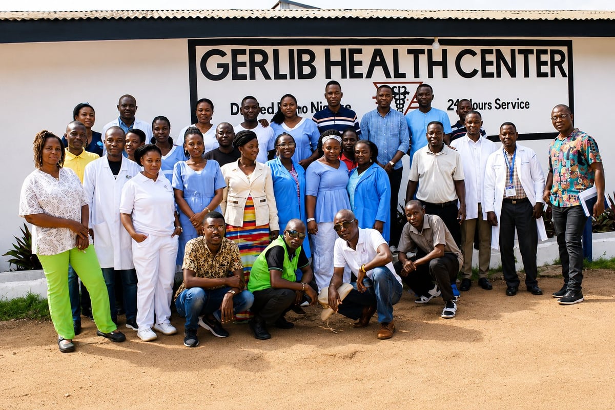 Group photo of Gerlib Health Center staff members standing and kneeling in front of the facility building